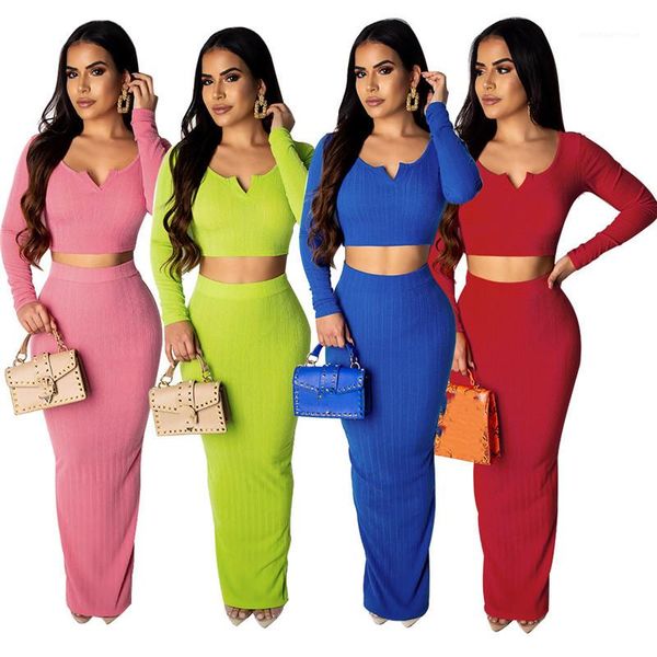 

sets womens solid color two piece dress fashion v-neck long sleeve crop split floor-length dress womens two piece, White