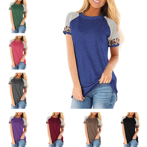 

2020 women t shirts crew neck striped leopard patchwork t-shirt short sleeve casual ladies tee summer pullover sports gym blouse d21707, White