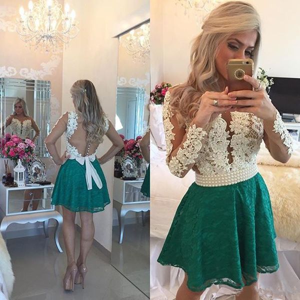 

2019 Lace Green Homecoming Dresses With Long Sleeves Pearls A line Hollow Back Short Prom Graduation Cocktail Dresses Plus size Cheap 102