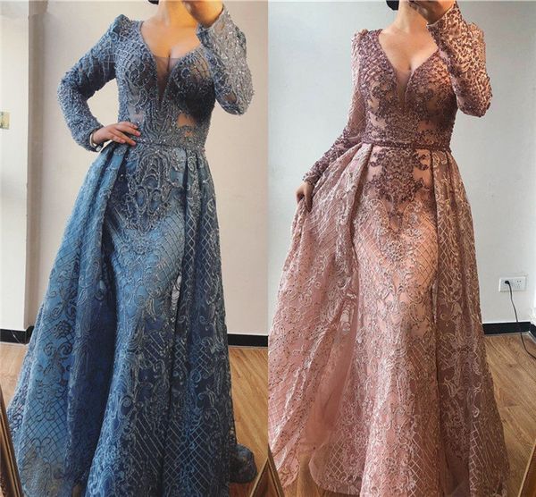 

2020 vintage blush pink sequined mermaid prom evening dresses with detachable train luxury long sleeves arabic muslim formal party gown, Black