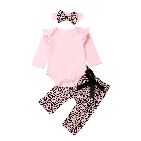 

new 3pcs baby girls outfits set newborn toddler clothes solid romper leopard print pants headband 3fs, White