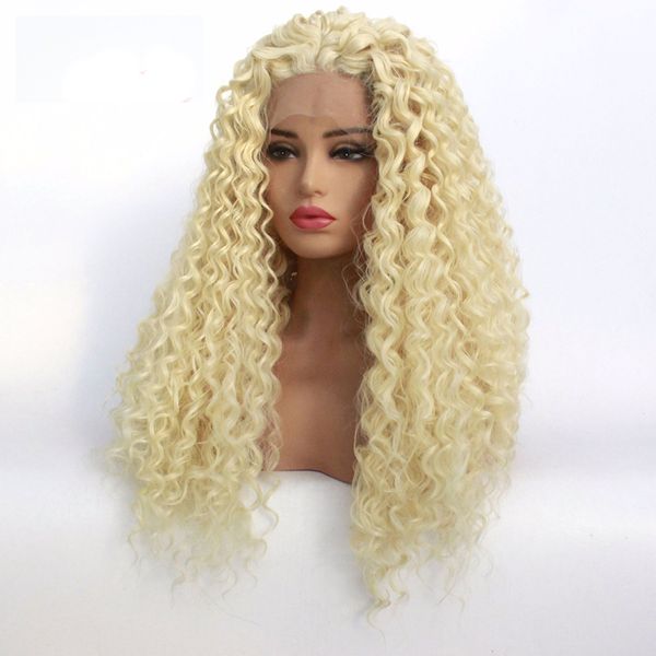 

deep curly lace front wig #613 hair heat resistant fibers synthetic lace front wig glueless half hand tied for all women, Black