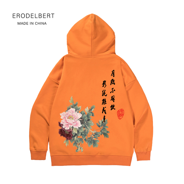 

re-ancient chinese style print chao men's oil painting peony flower hoodie sportsweater in autumn and winter made in china, Black
