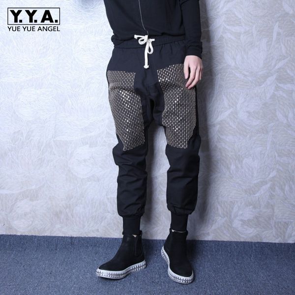 

fashion mens hip hop drop crotch harem pants rivets embroidery joggers pants eleastic waist stage show shiny casual trousers, Black