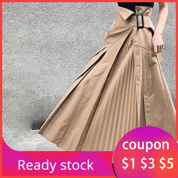

women pleated skirt 2020 korean plain ankle length khaki harajuku plus size asymmetrical casual boho long skirts office ladies, Black