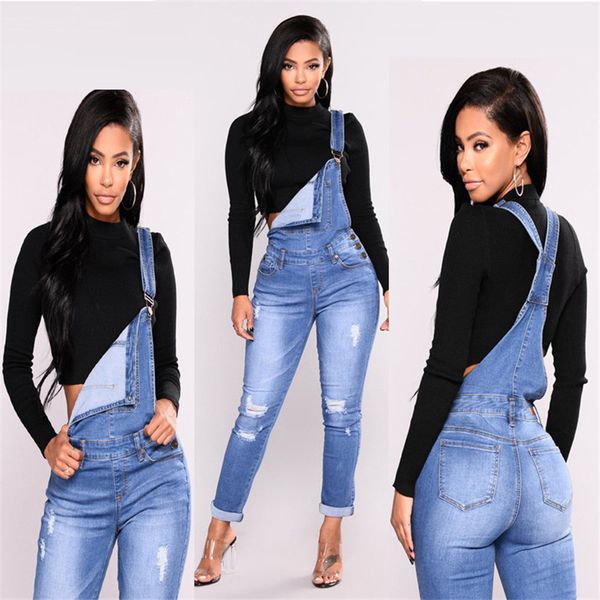 

2019 new fashion casual commuter hole fashion elastic one-piece denim overalls women's jeans c0801, Blue