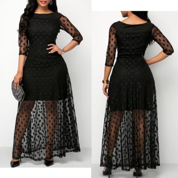 

new fashion summer women boho three quarter sleeve polka dot mesh casual dress, Black;gray