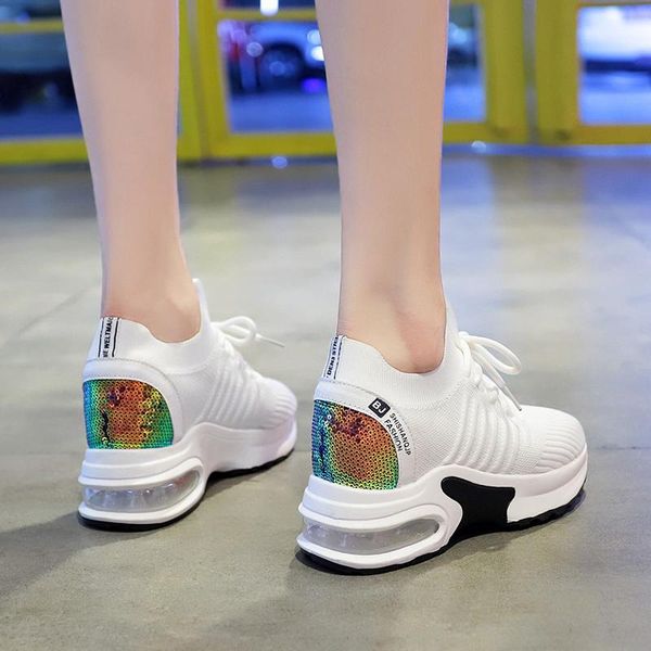 

height increasing air cushion shoes women mesh fitness lace up comfortable lightweight ladies casual flats platform shoes, Black;white
