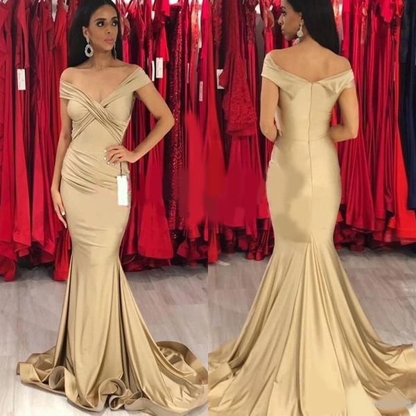 

2020 gold off the shoulder evening dresses mermaid shining satin sweep train formal occasion prom party dresses custom made, Black;red