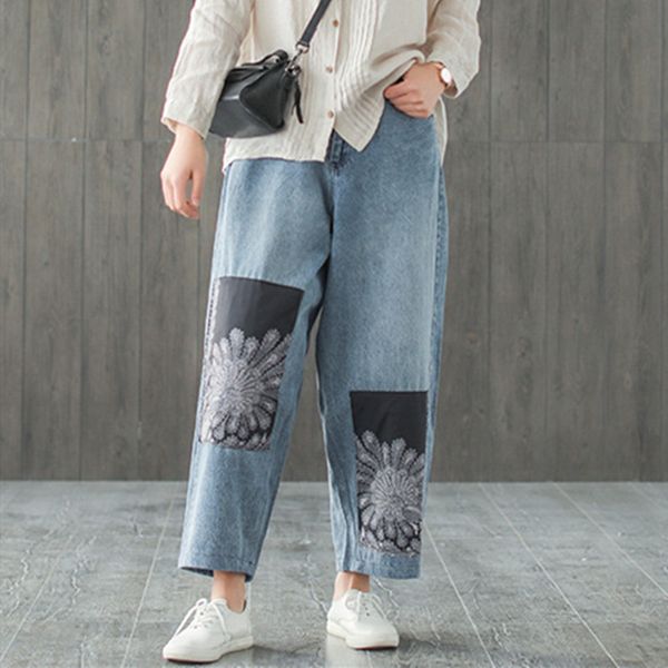 

johnature spring new vintage style cotton wide leg pants applique spliced pockets loose zipper mid softener women jeans, Blue