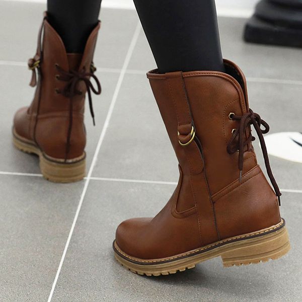 

women's leather riding boots winter mid-calf retro rome short boot female fashion low heel shoes casual classic botas back strap, Black