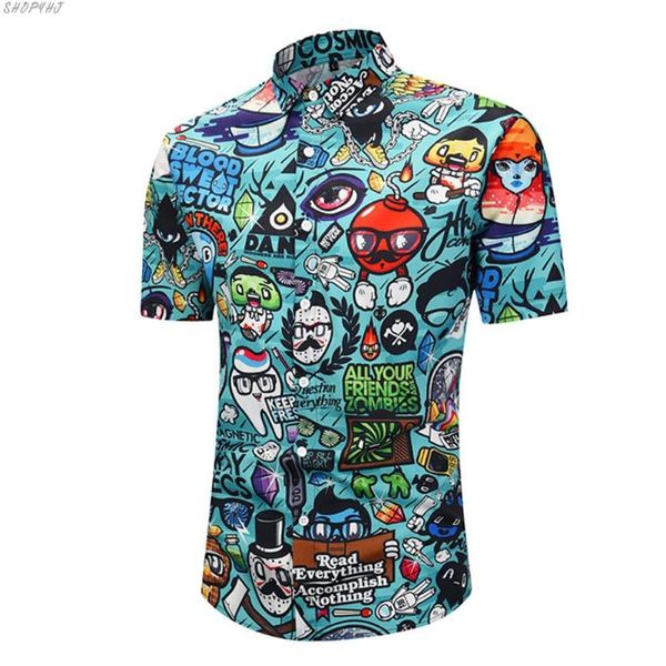 

summer casual cartoon 3d print short sleeve tee shirt turn-down collar blouse hawaiian for beach holiday plus size 2xl men, White;black