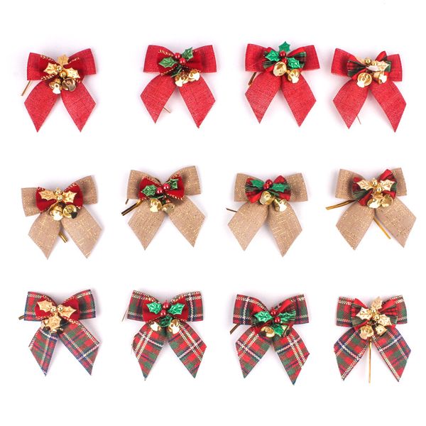 

12pcs/lot exquisite gift bows pull bows with small iron bells christmas gift decoration christmas tree wreath decor props 8*8cm