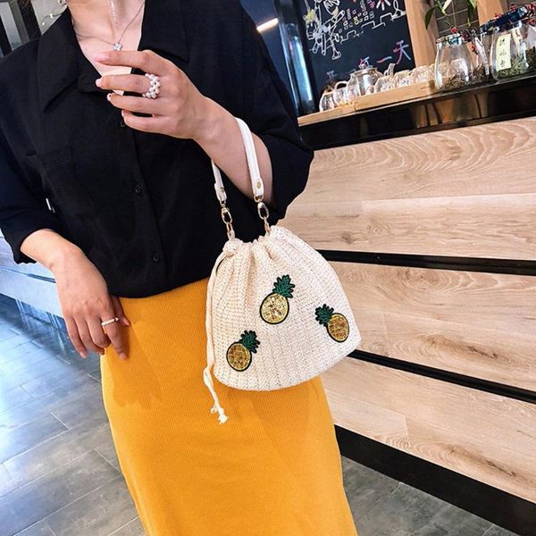 

straw bucket bag cute applique handbag tote women beach bolsos rattan bag flower pineapple clutch bags wicker sac bolsa feminina