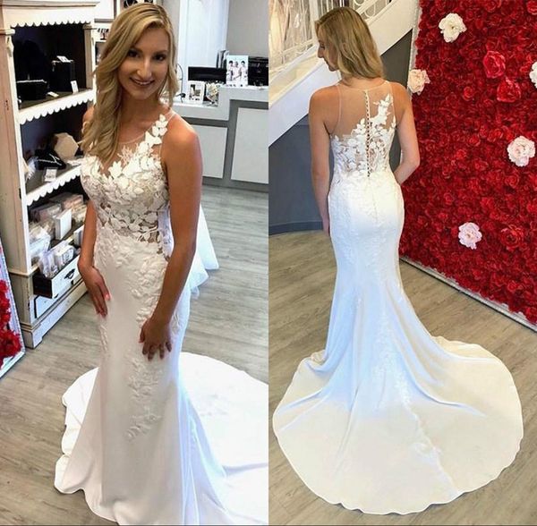 

2020 elegant lace wedding dresses jewel sheer neck hollow back lace applique see through women wedding dress bridal gowns cheap, White