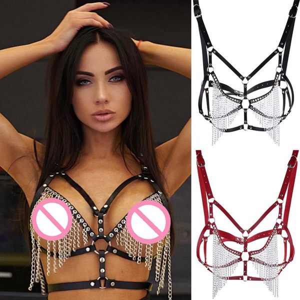 

16 colors cupless metal tassel chain bra women pu hollow out tank harness body belt bondage chest straps punk rock lingerie, Red;black