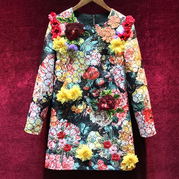 

2019 New Fashion Designer Runway Dress Spring Women Long Sleeve Floral Applique Print Beads Sequins Elegant Short Dress