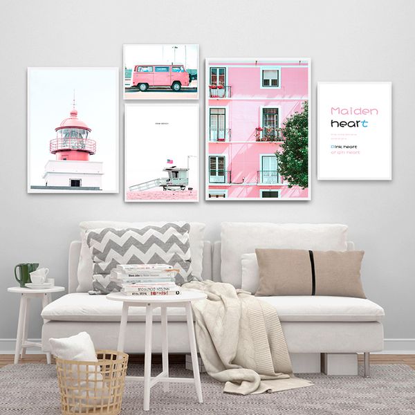 

пляж розовый автобус здание пейзаж холст плакат nordic style wall art печать картина украшения изображение скандинавской home decor