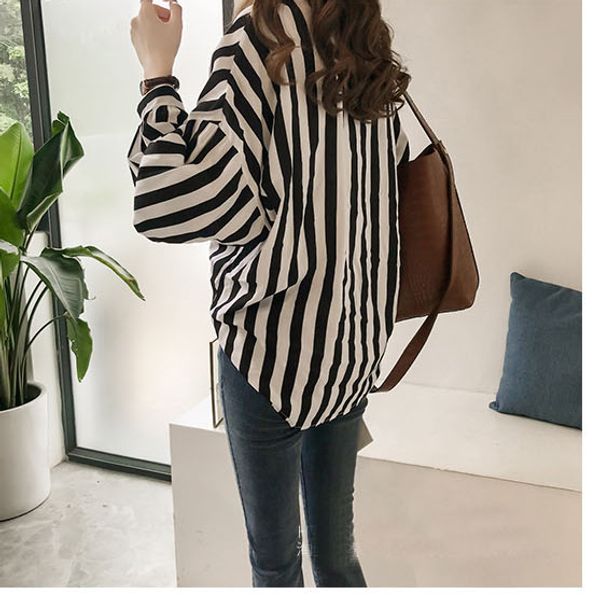 

autumn clothing new style shirt women's 2019 hong kong flavor loose and plus-sized bf stripes long sleeve shirt chic thin c, White