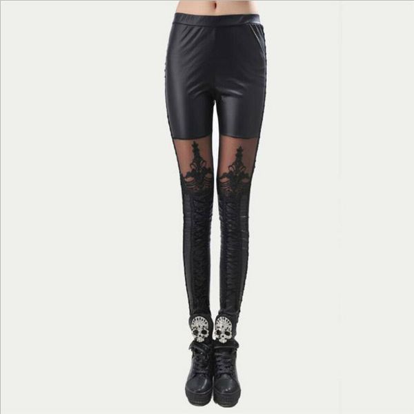 

women black faux pu leather legging autumn floral lace bandage push up leggings lady skinny slim stretchy plus size legging