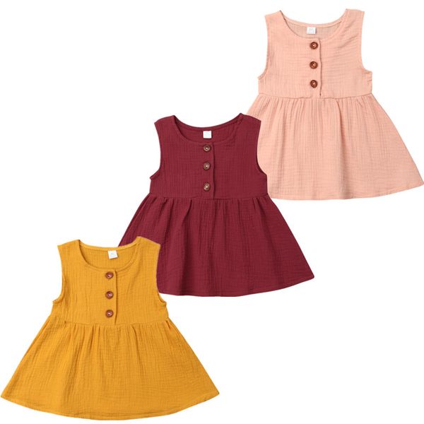 

new fashion baby girls kids girls sleeveless dress button sleeveless cotton casual tank, Red;yellow