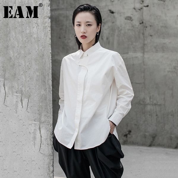 

eam] women white split joint temperament blouse new lapel long sleeve loose fit shirt fashion tide spring autumn 2019 1h290