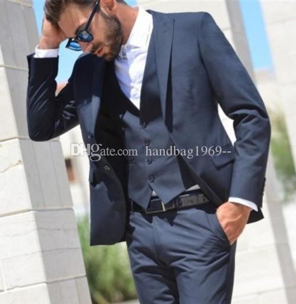 Populares dois botões marinho azul noivo tuxedos pico groomsmen mens ternos casamento / baileiro de baile (jaqueta + calça + colete + gravata) k287