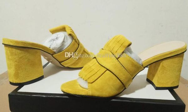 

dhl women 458051 suede 7cm mid-heel slide sandals,fold over fringe detail,size 35-42 with shoes box, Black