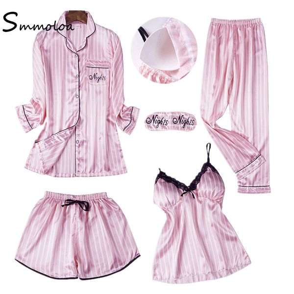 

smmoloa 2018 new silk satin pajamas set 5 piece women striped sleepwear pyjamas, Blue;gray