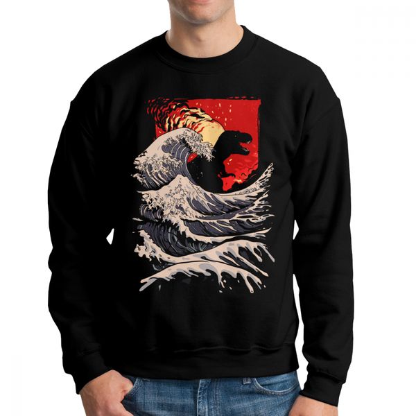 

last wave dinosaur retro hoodie sweatshirt for men long sleeve camiseta masculina cotton pullovers apparel, Black