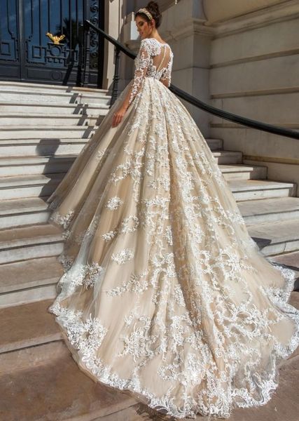 

2020 кружевное бальное платье с длинным рукавом свадебные платья robe de mariage аппликация vestido de noiva de renda роскошные свадебные пл, White