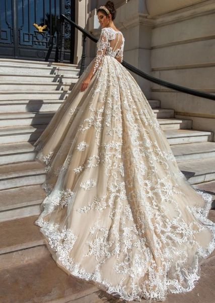 

2020 long sleeve lace ball gown wedding dresses robe de mariage applique vestido de noiva de renda luxury bridal gowns hy230, White