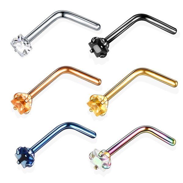 

1pc 20g steel nose ring nariz earrings nostril piercings square gem nose screw curved prong stud ring piercing body jewelry, Slivery;golden