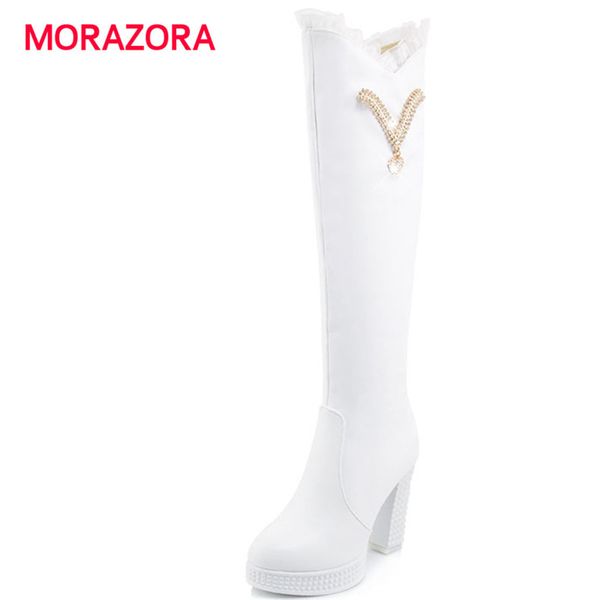 

morazora big size round toe super high heel women boots square heel over the knee boots autumn winter slip on platform, Black