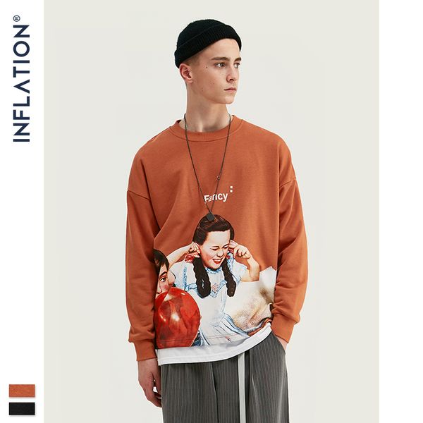 

inflation men sweatshirt children print fleece men sweatshirt in orange and black loose fit streetwear 9630w