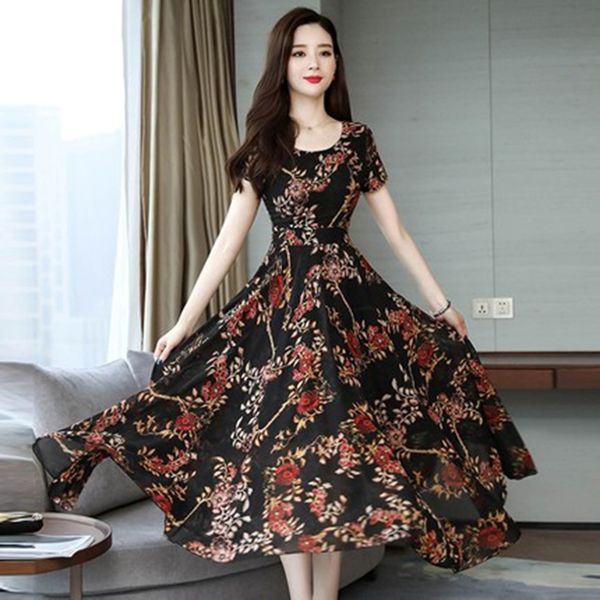 

2020 women summer floral printed dress women o neck ladies dresses short sleeve bohemian dress, White;black