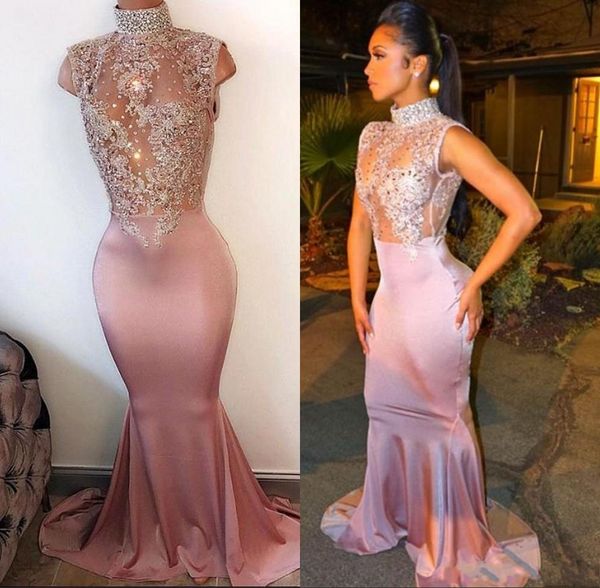

Elegant Mermaid Prom Party Dresses High Neck Pearls Sleeveless Lace Appliques Cutaway Side Crystal Beaded Evening Gowns Custom Made