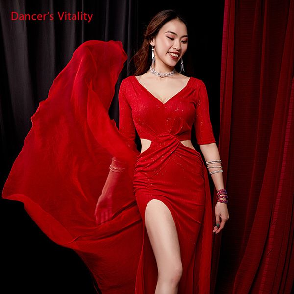 

dance skirt haft-sleeved dress women belly dance oriental practice spandex costume blue red large, Black;red