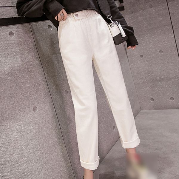 

ladies jeans high waist female boyfriend jeans elastic waistl denim ripped jean woman plus size white, Blue