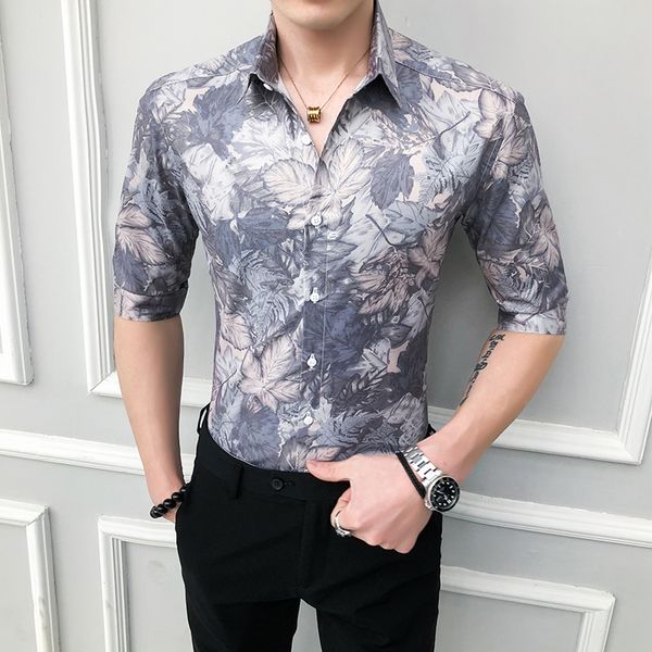 

men's casual shirts korean summer men floral brand half sleeve shirt slim fit all match streetwear blouse clothes 2021 3xl, White;black