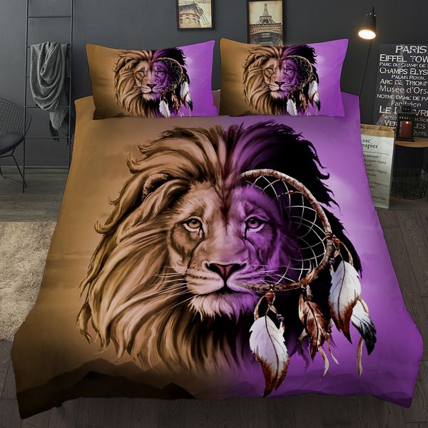

wensd 100% quality lion 3pcs bedding set dream catcher duvet cover 3d boho bohemia bed set purple brown animal bedclothes