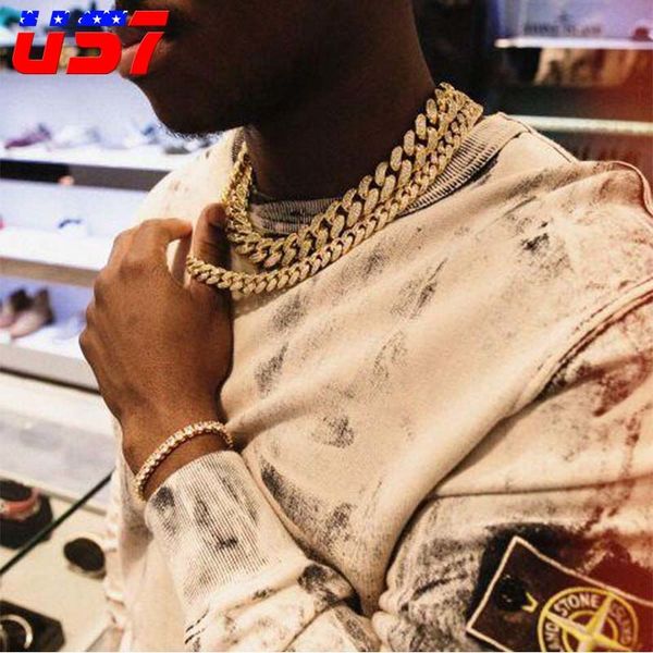 

us7 micro miami cuban chain ice out choker necklace crystal clasp cuban link chain necklaces for men rapper fashion jewelry, Silver