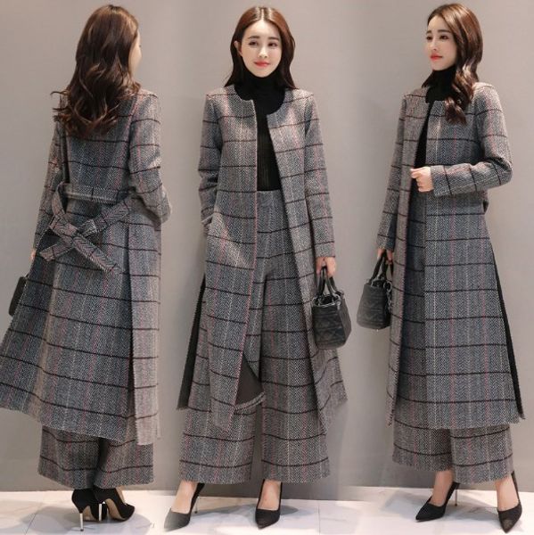

knee length long trench coat and wide leg trouser autumn winter womens casual pantsuit office lady plaid two-piece pants suits, White;black
