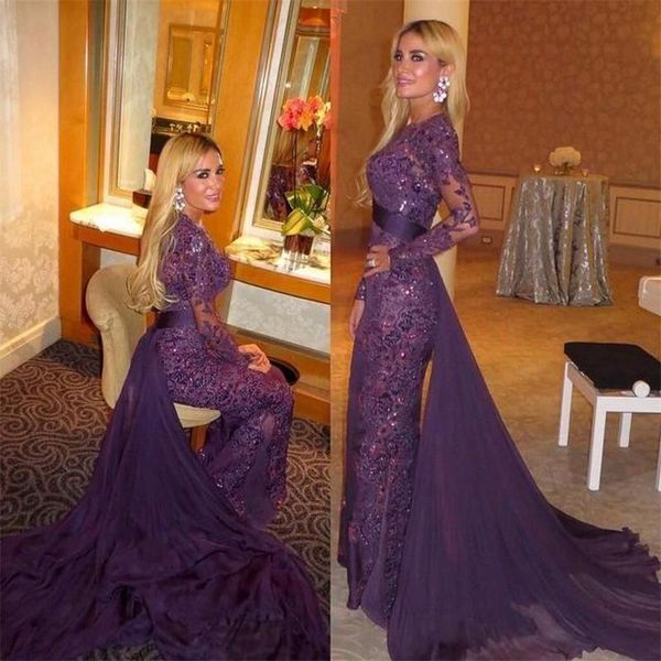 

2019 Purple Full Lace Beads Long Sleeves Evening Dresses Arabic Muslim Evening Gowns with Detachable Train Sheer Long Prom Dresses Formal