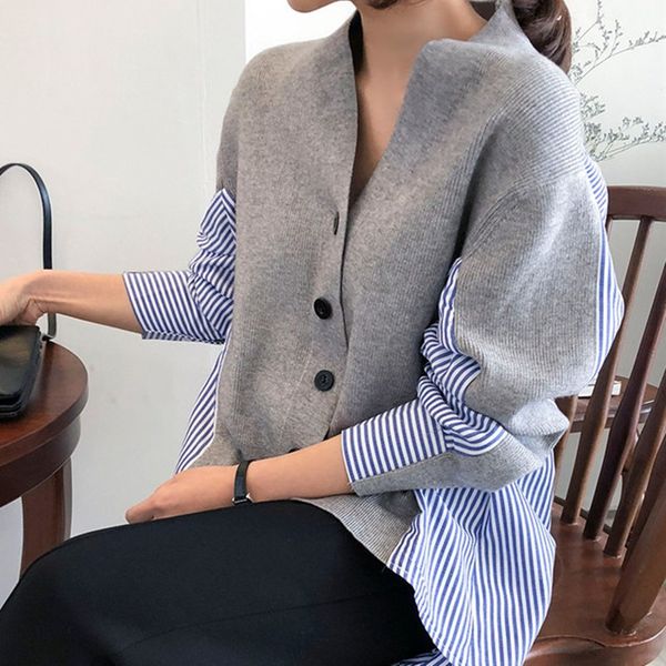 

осень женские свитера заплатки srtiped вязание v-образным вырезом cardigans повседневный однобортный сыпучие топы свитера женщины jumper пул, White