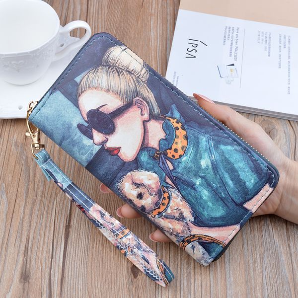 

2020 new ladies wallet female long zipper clutch bag korean printing fashion student change wallet mobile phone bag 909