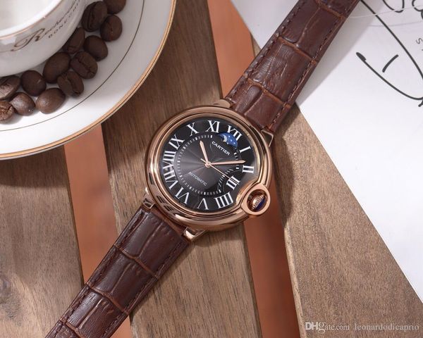

luxury mens watch automatic movement 316 stainless steel case moon phase black lettering casual leather strap mechanical watch with box x118, Slivery;brown