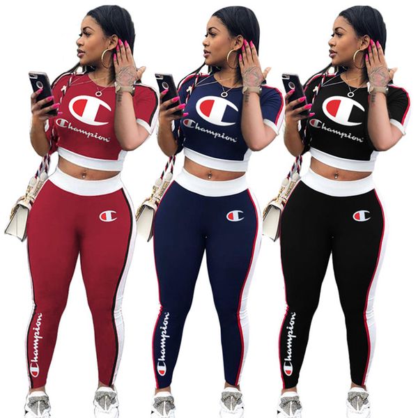 

women champions letter tracksuit short sleeve crop t shirt striped pants leggings 2 piece joggers set summer outfit sportswear clubwear, White