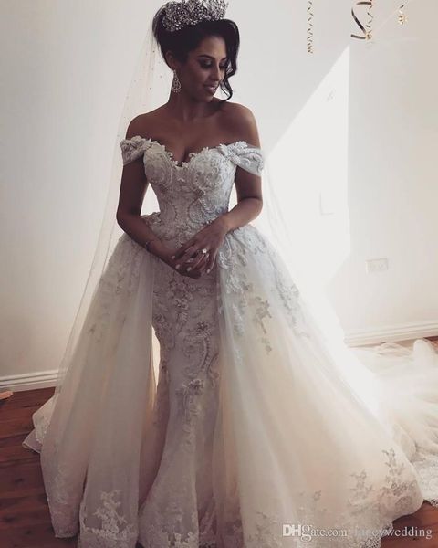 

2019 gorgeous mermaid wedding dresses with detachable overskirts lace appliques beads plus size bridal gowns off shoulder robe de mariÃ©e, White