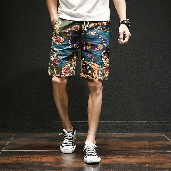 

2019 summer new hawaiian style flower beach shorts men's cotton linen elastic waist large size casual shorts m-5xl, White;black